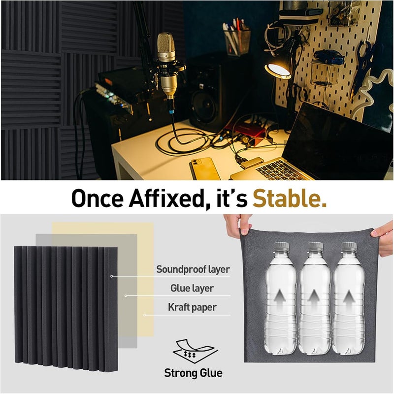 HERBEVER 24 Pack Acoustic Foam Panels, Self-adhesive Grooved Black Sound Proofing Panels, 12x12x2 Inches, High Density Sound Proof Foam Panels for Walls, Studio Recording, Office, Home - Image 4